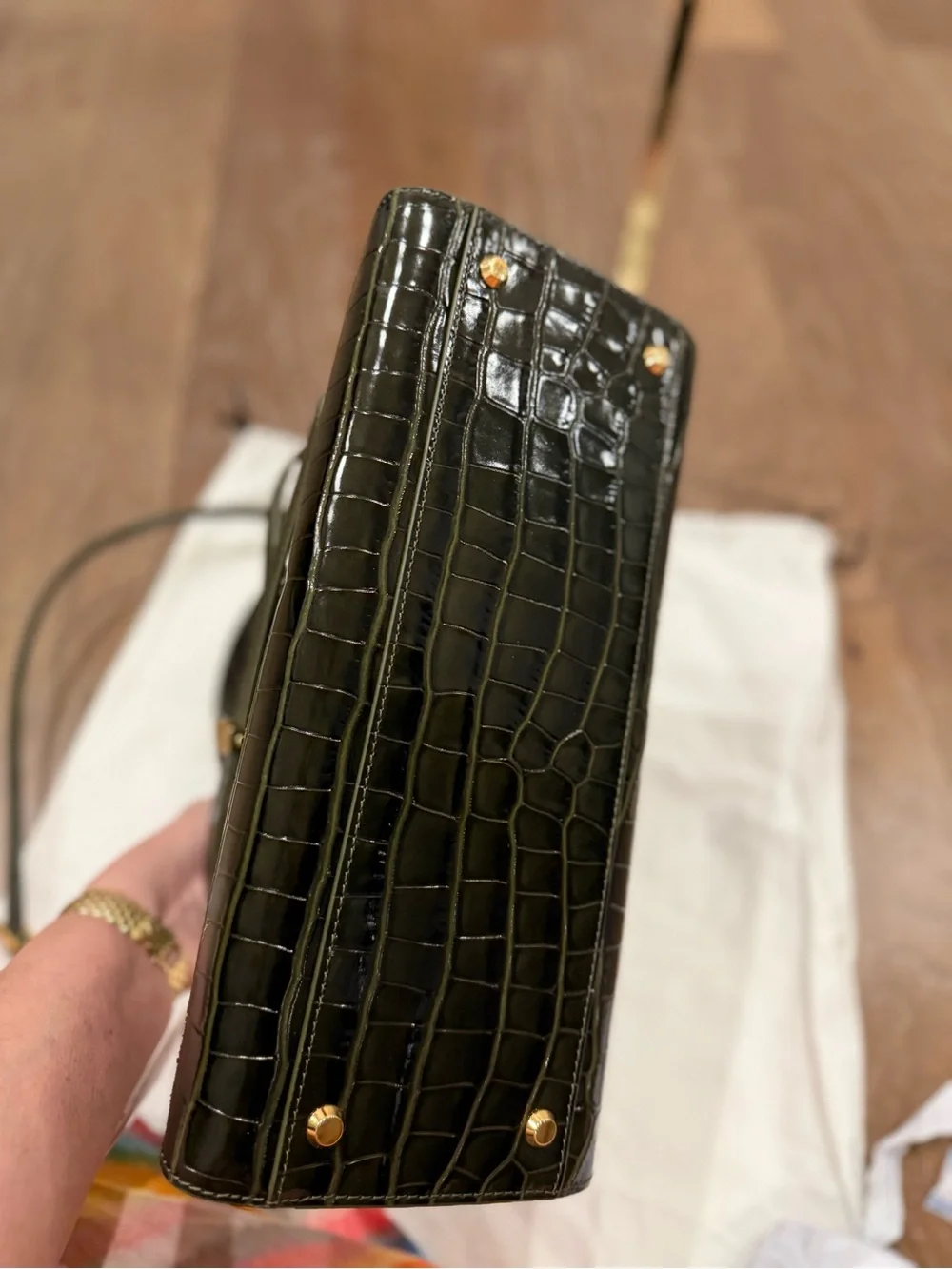 Veronica Beard Glossy Black Croc-Embossed Satchel with Front Tie